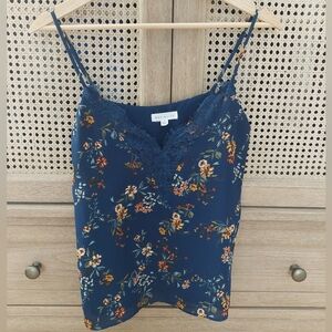 Socialite Floral Lace Trim Cami Top - Blue